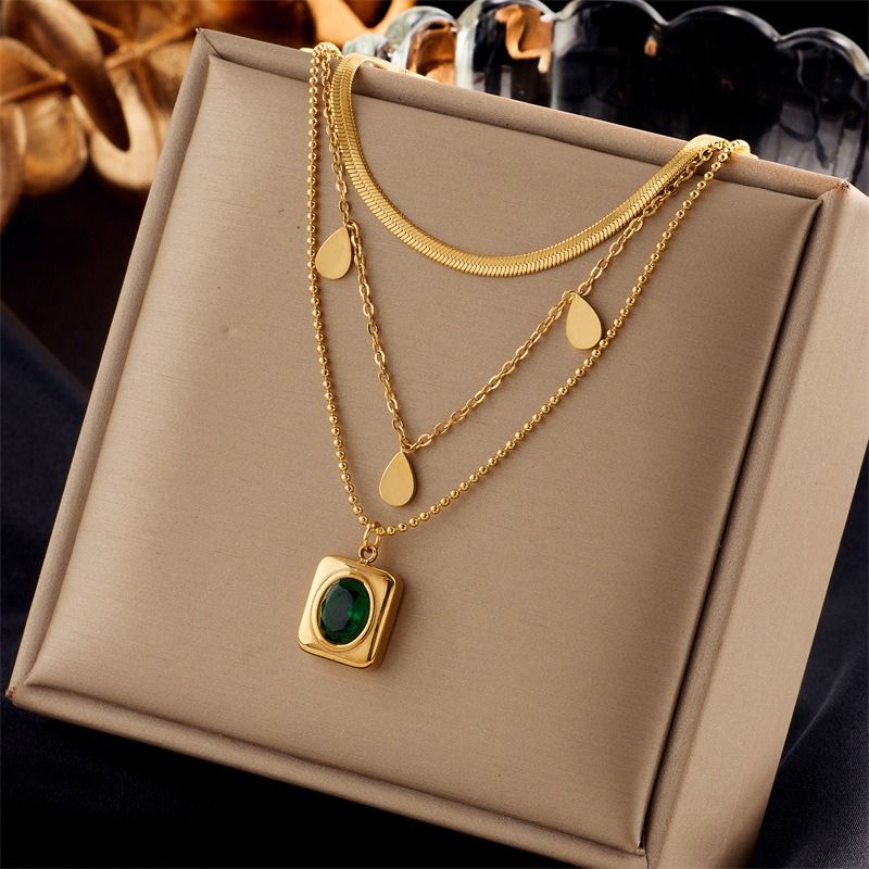 French Vintage Emerald Pendant Three-Tier Layered Necklace, 18K Gold-Plated Titanium Collier - Image 2