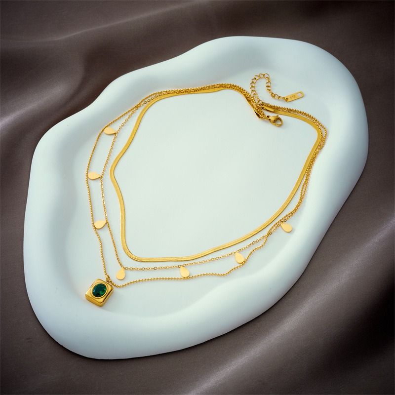 French Vintage Emerald Pendant Three-Tier Layered Necklace, 18K Gold-Plated Titanium Collier - Image 4