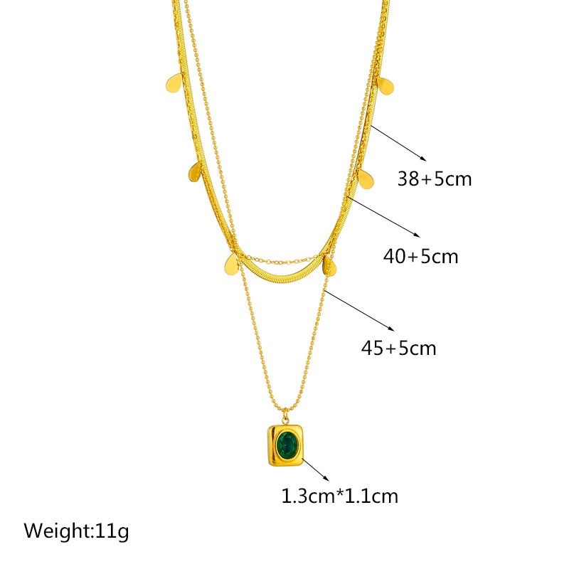 French Vintage Emerald Pendant Three-Tier Layered Necklace, 18K Gold-Plated Titanium Collier - Image 5