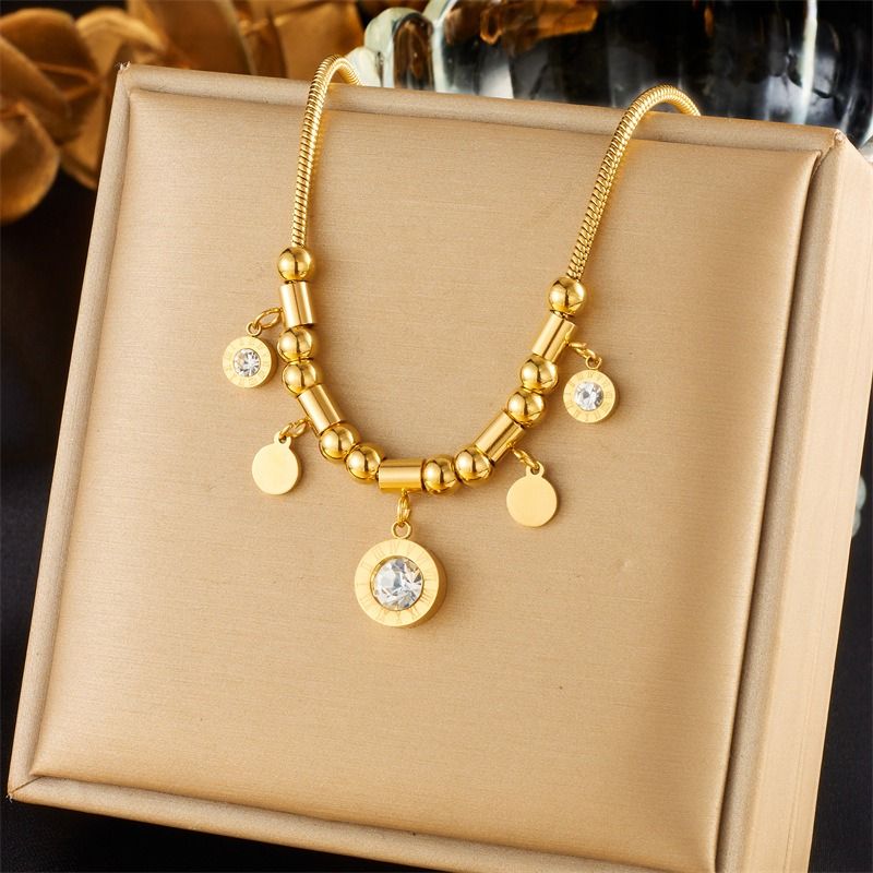 Roman-Style Diamond-Studded Round Bead Necklace, Gold-Plated Titanium Steel Collar Necklace, Unique Vintage Jewelry for Women - Image 1