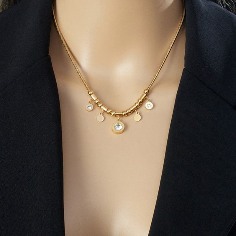 Roman-Style Diamond-Studded Round Bead Necklace, Gold-Plated Titanium Steel Collar Necklace, Unique Vintage Jewelry for Women - Image 2