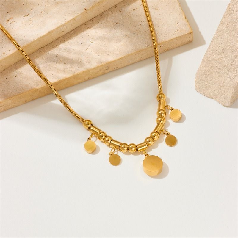 Roman-Style Diamond-Studded Round Bead Necklace, Gold-Plated Titanium Steel Collar Necklace, Unique Vintage Jewelry for Women - Image 3