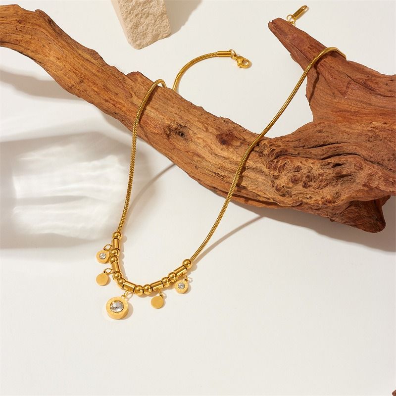 Roman-Style Diamond-Studded Round Bead Necklace, Gold-Plated Titanium Steel Collar Necklace, Unique Vintage Jewelry for Women - Image 4