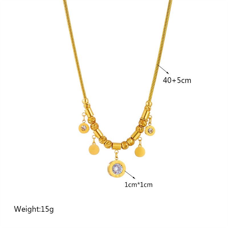 Roman-Style Diamond-Studded Round Bead Necklace, Gold-Plated Titanium Steel Collar Necklace, Unique Vintage Jewelry for Women - Image 5