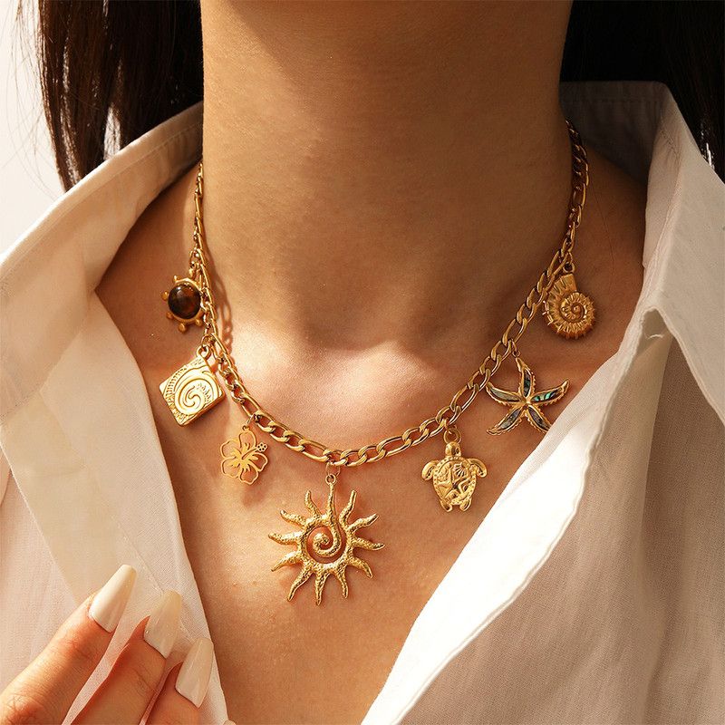 Ocean-themed multi-pendant necklace, gold-plated titanium steel choker, women's vacation-inspired fashion necklace - Image 1