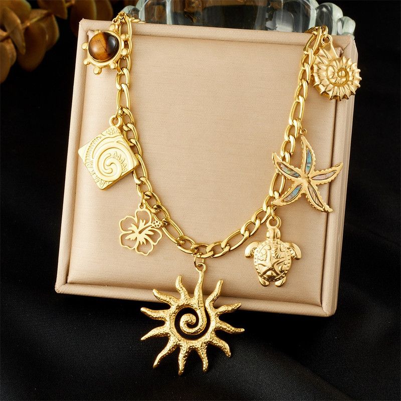 Ocean-themed multi-pendant necklace, gold-plated titanium steel choker, women's vacation-inspired fashion necklace - Image 2