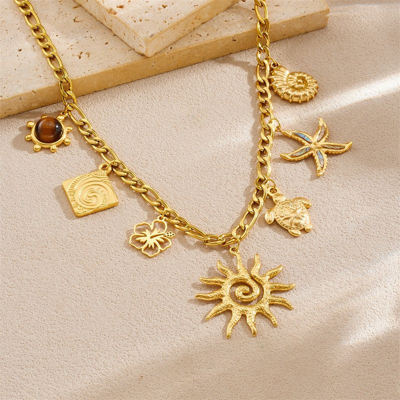 Ocean-themed multi-pendant necklace, gold-plated titanium steel choker, women's vacation-inspired fashion necklace - Image 3