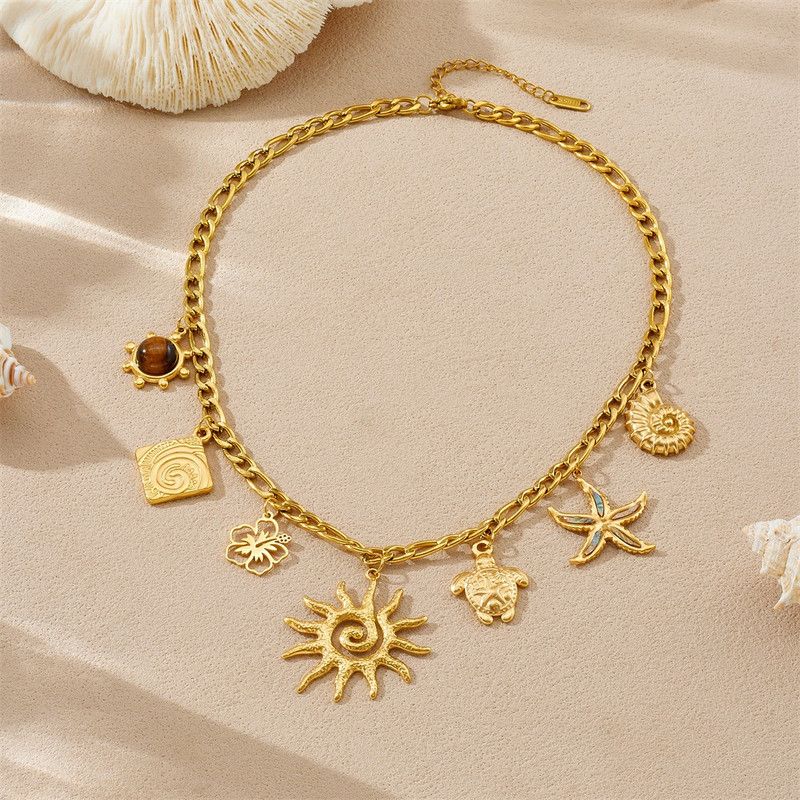 Ocean-themed multi-pendant necklace, gold-plated titanium steel choker, women's vacation-inspired fashion necklace - Image 4