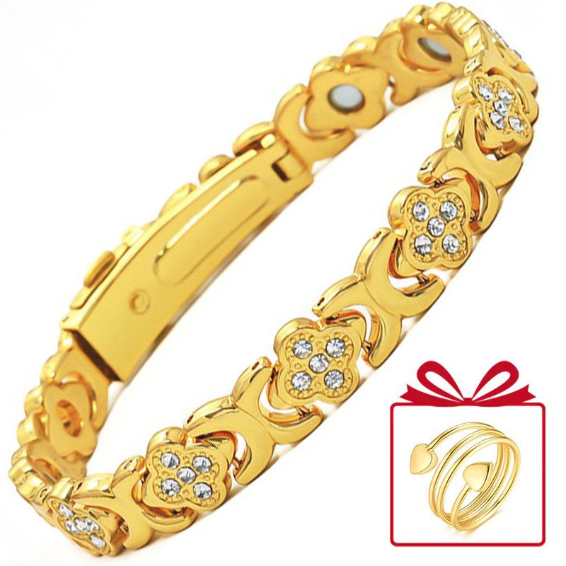 Lucky Clover Magnetic Bracelet with Free Heart Ring Set, Simple Everyday Women's Bracelet - Gold - Image 1