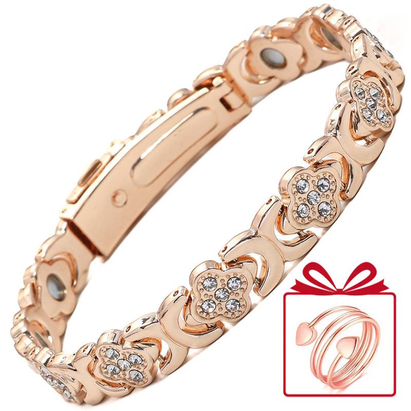 Lucky Clover Magnetic Bracelet with Free Heart Ring Set, Simple Everyday Women's Bracelet - Rose Gold - Image 1