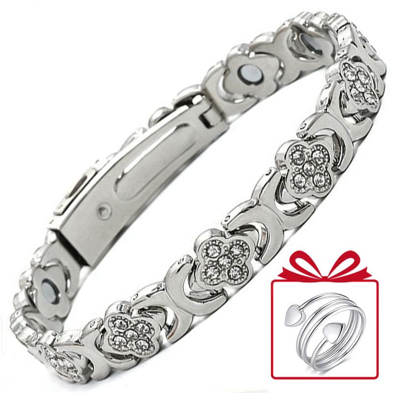 Lucky Clover Magnetic Bracelet with Free Heart Ring Set, Simple Everyday Women's Bracelet - Silver - Image 1
