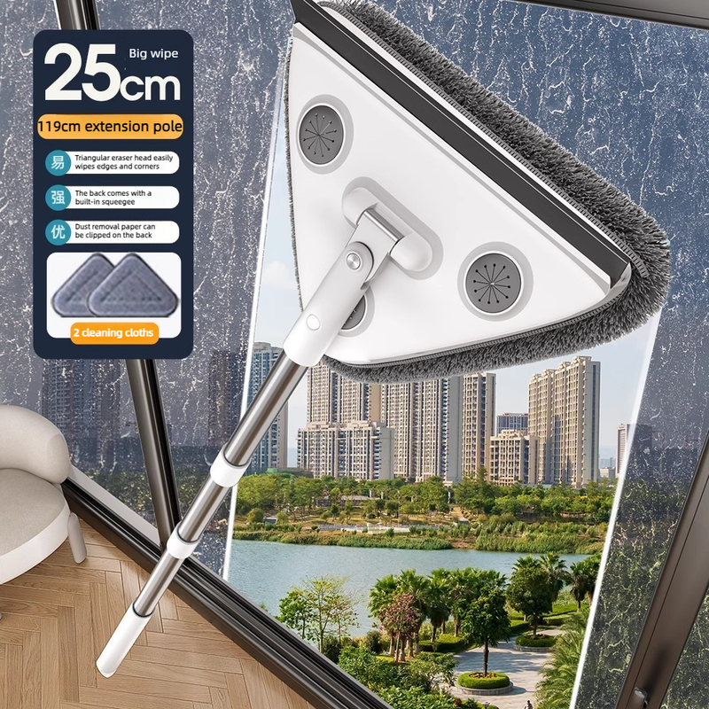Telescopic Triangle Cleaning Mop with Squeegee, 2-in-1 Window Cleaner with 2 Replacement Pads - Image 1