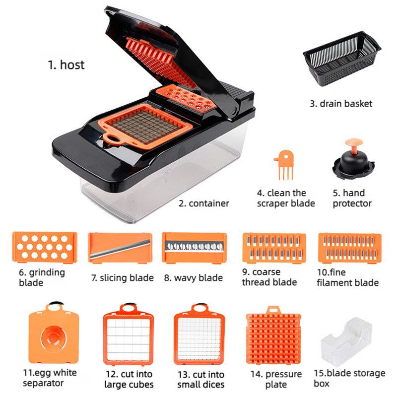Kitchen Vegetable Slicer and Dicer, 15-Piece Set with Container, Safety Guard, Drain Basket, and Storage Box—Orange - Image 1