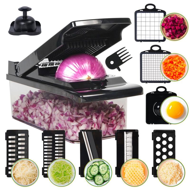 Kitchen Vegetable Slicer and Dicer, 15-Piece Set with Container, Safety Guard, Drain Basket, and Storage Box—Black - Image 1