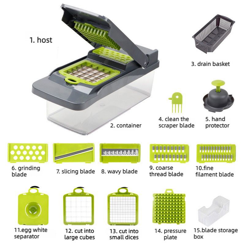 Kitchen Vegetable Slicer and Dicer, 15-Piece Set with Container, Safety Guard, Drain Basket, and Storage Box—Green - Image 1