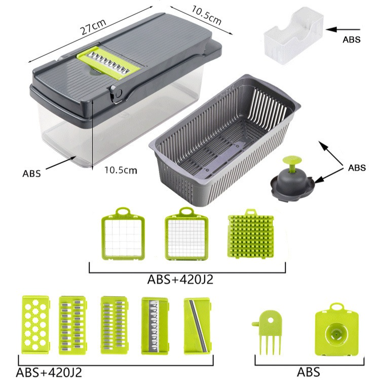 Kitchen Vegetable Slicer and Dicer, 15-Piece Set with Container, Safety Guard, Drain Basket, and Storage Box—Green - Image 8