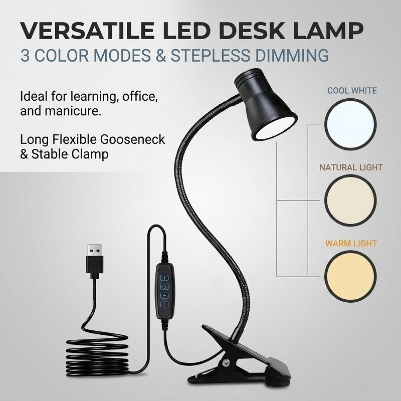 Clip-On LED Desk Lamp, 3 Color Modes & 3 Brightness Levels, Flexible Gooseneck Eye-Caring Light for Study, Manicure, Photography - Image 2
