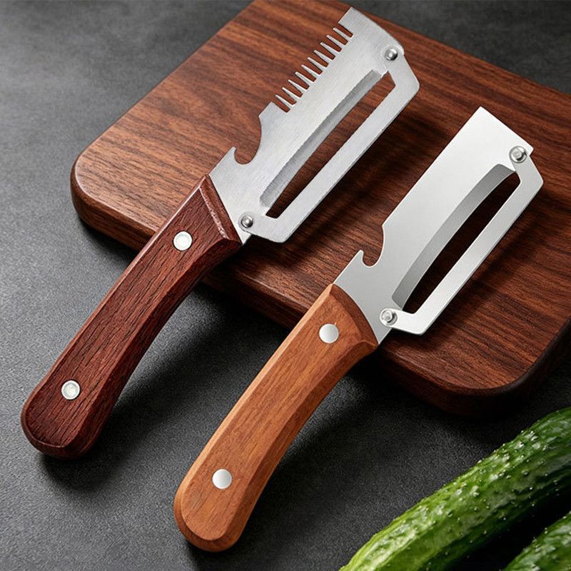 2 Pack Multi-functional Stainless Steel Peeler Set, Wooden Handle Vegetable Peeler & Scallion Slicer with Bottle Opener for Kitchen - Image 1