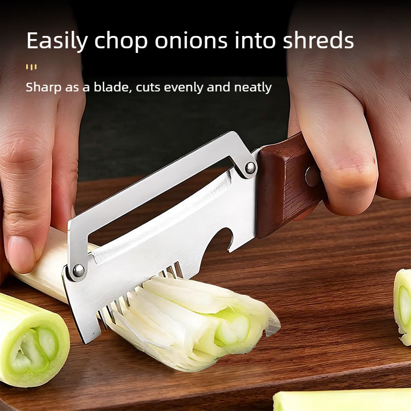 2 Pack Multi-functional Stainless Steel Peeler Set, Wooden Handle Vegetable Peeler & Scallion Slicer with Bottle Opener for Kitchen - Image 2