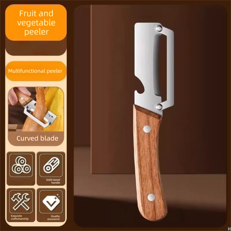 2 Pack Multi-functional Stainless Steel Peeler Set, Wooden Handle Vegetable Peeler & Scallion Slicer with Bottle Opener for Kitchen - Image 3