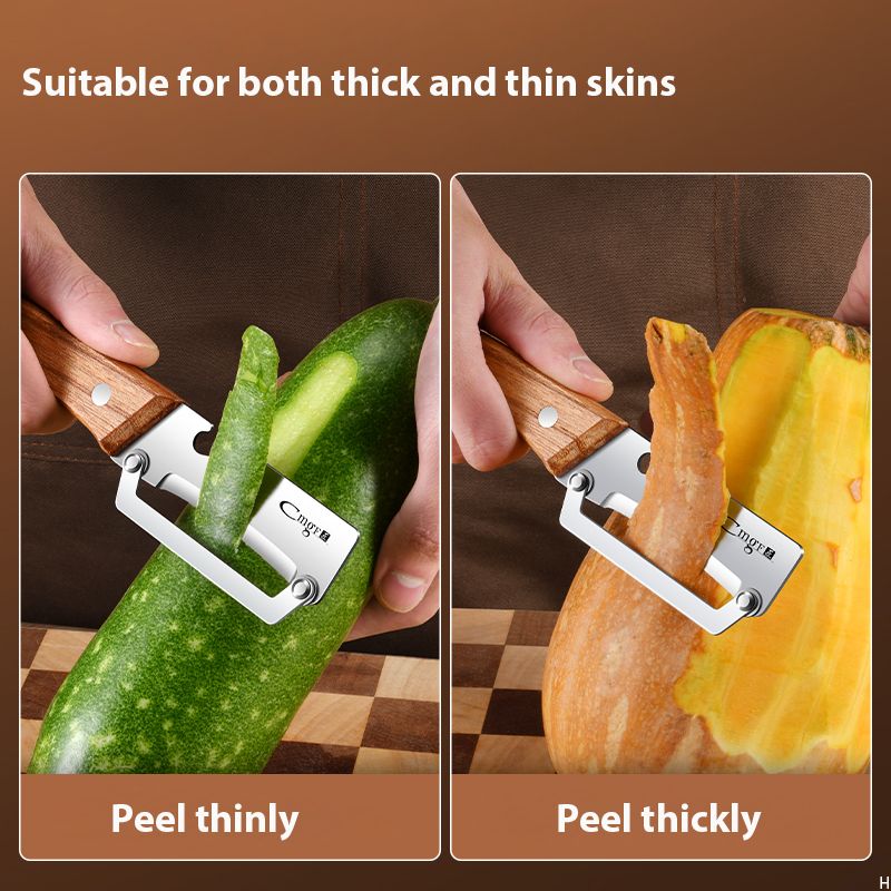 2 Pack Multi-functional Stainless Steel Peeler Set, Wooden Handle Vegetable Peeler & Scallion Slicer with Bottle Opener for Kitchen - Image 5