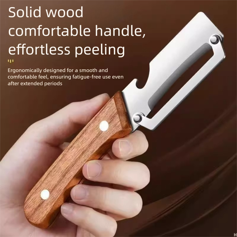 2 Pack Multi-functional Stainless Steel Peeler Set, Wooden Handle Vegetable Peeler & Scallion Slicer with Bottle Opener for Kitchen - Image 6
