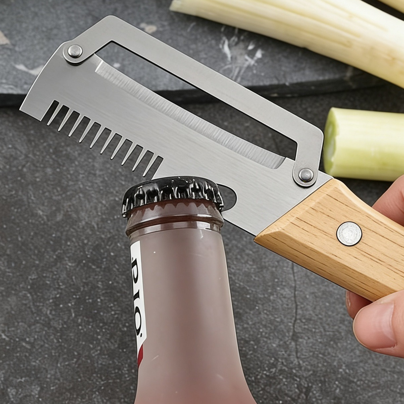 2 Pack Multi-functional Stainless Steel Peeler Set, Wooden Handle Vegetable Peeler & Scallion Slicer with Bottle Opener for Kitchen - Image 7