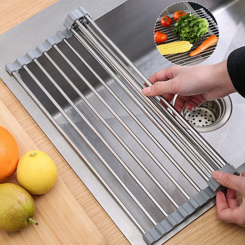 Roll Up Stainless Steel Sink Drying Rack, 47×35cm Multi-purpose Kitchen Sink Drain Mat with Non-slip TPE Edge for Fruits, Dishes - Image 1