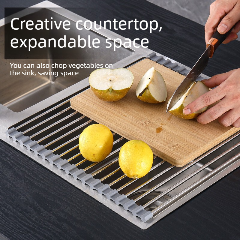 Roll Up Stainless Steel Sink Drying Rack, 47×35cm Multi-purpose Kitchen Sink Drain Mat with Non-slip TPE Edge for Fruits, Dishes - Image 2