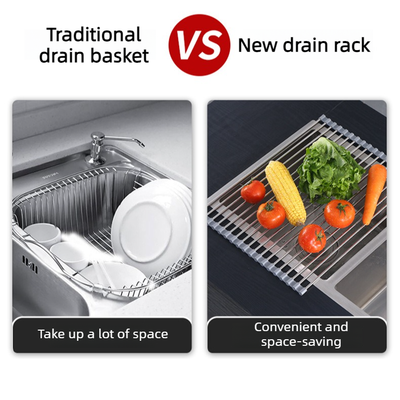 Roll Up Stainless Steel Sink Drying Rack, 47×35cm Multi-purpose Kitchen Sink Drain Mat with Non-slip TPE Edge for Fruits, Dishes - Image 3