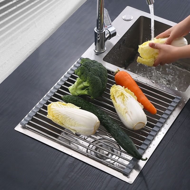 Roll Up Stainless Steel Sink Drying Rack, 47×35cm Multi-purpose Kitchen Sink Drain Mat with Non-slip TPE Edge for Fruits, Dishes - Image 4