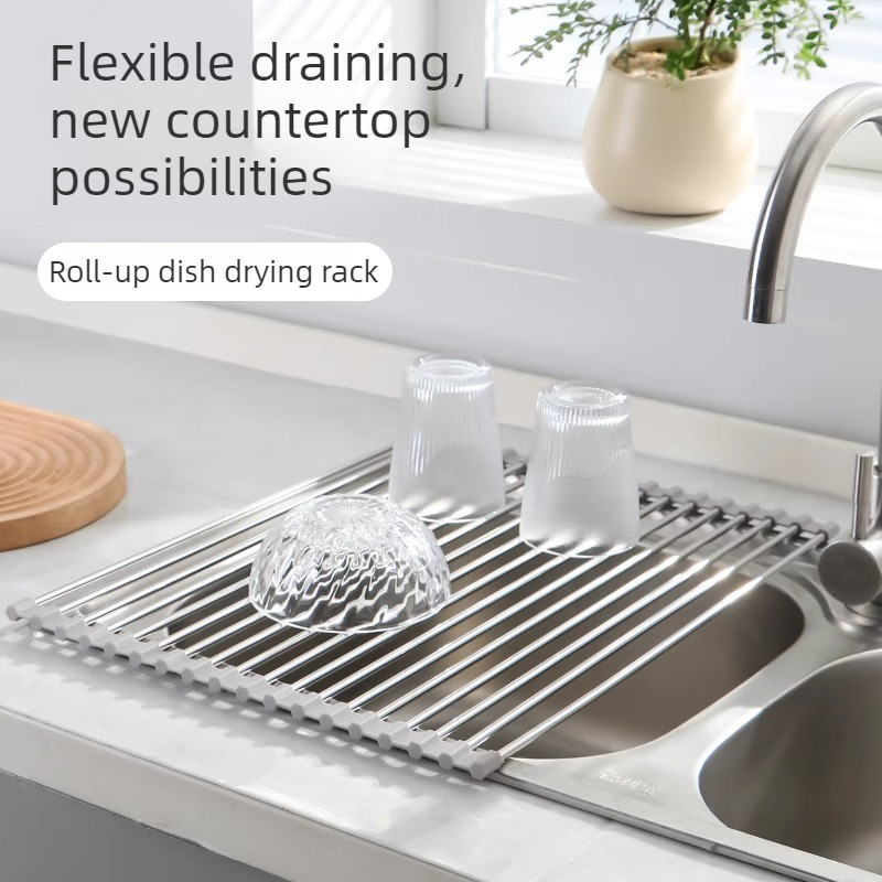 Roll Up Stainless Steel Sink Drying Rack, 47×35cm Multi-purpose Kitchen Sink Drain Mat with Non-slip TPE Edge for Fruits, Dishes - Image 5