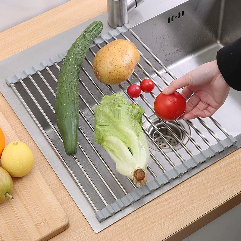 Roll Up Stainless Steel Sink Drying Rack, 47×35cm Multi-purpose Kitchen Sink Drain Mat with Non-slip TPE Edge for Fruits, Dishes - Image 6