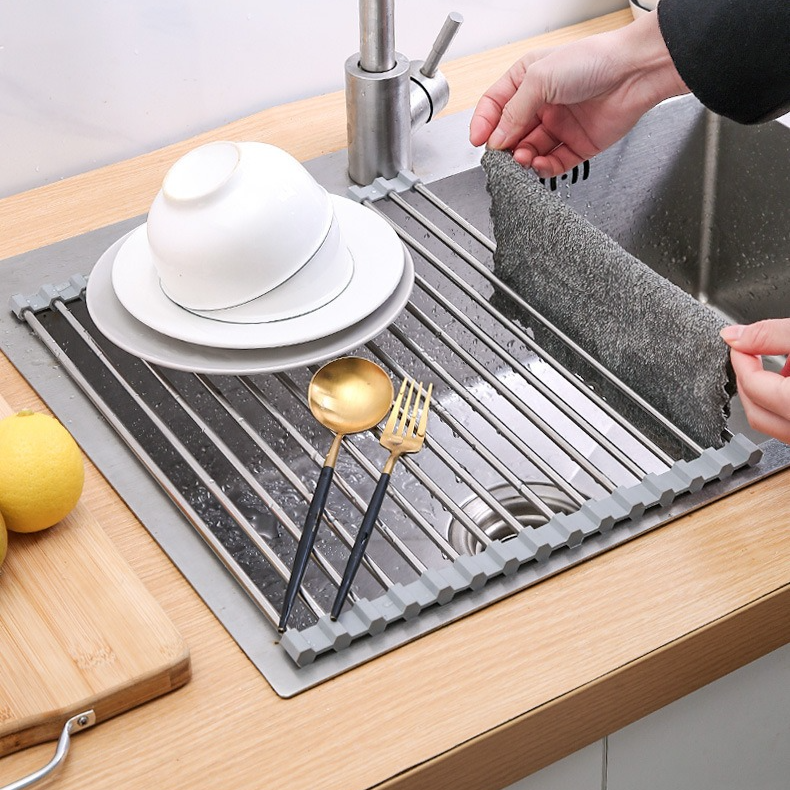 Roll Up Stainless Steel Sink Drying Rack, 47×35cm Multi-purpose Kitchen Sink Drain Mat with Non-slip TPE Edge for Fruits, Dishes - Image 7