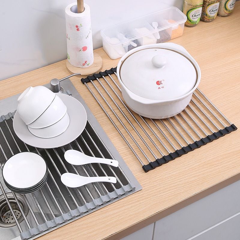 Roll Up Stainless Steel Sink Drying Rack, 47×35cm Multi-purpose Kitchen Sink Drain Mat with Non-slip TPE Edge for Fruits, Dishes - Image 8