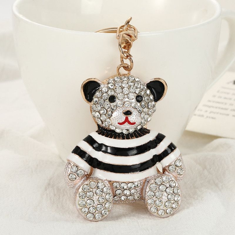 Black - Rhinestone Striped Bear Keychain, Cute Enamel Cartoon Bear Bag Charm Pendant, Alloy Bling Key Ring Accessories for Gifts & Bag Decoration - Image 1