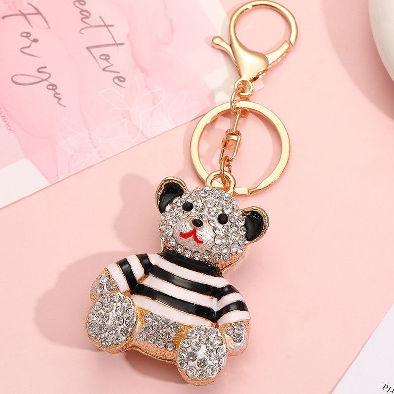 Black - Rhinestone Striped Bear Keychain, Cute Enamel Cartoon Bear Bag Charm Pendant, Alloy Bling Key Ring Accessories for Gifts & Bag Decoration - Image 2