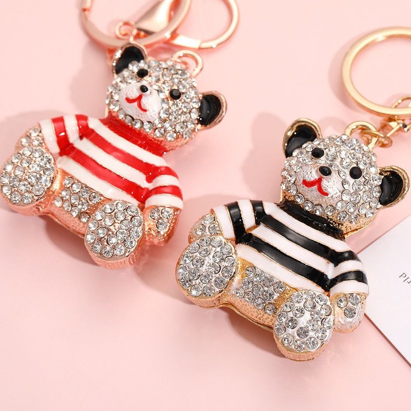 Black - Rhinestone Striped Bear Keychain, Cute Enamel Cartoon Bear Bag Charm Pendant, Alloy Bling Key Ring Accessories for Gifts & Bag Decoration - Image 3