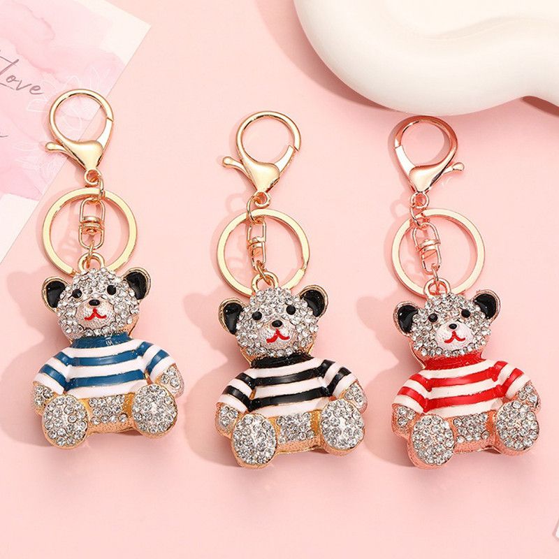 Black - Rhinestone Striped Bear Keychain, Cute Enamel Cartoon Bear Bag Charm Pendant, Alloy Bling Key Ring Accessories for Gifts & Bag Decoration - Image 5