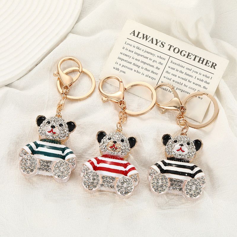 Black - Rhinestone Striped Bear Keychain, Cute Enamel Cartoon Bear Bag Charm Pendant, Alloy Bling Key Ring Accessories for Gifts & Bag Decoration - Image 6