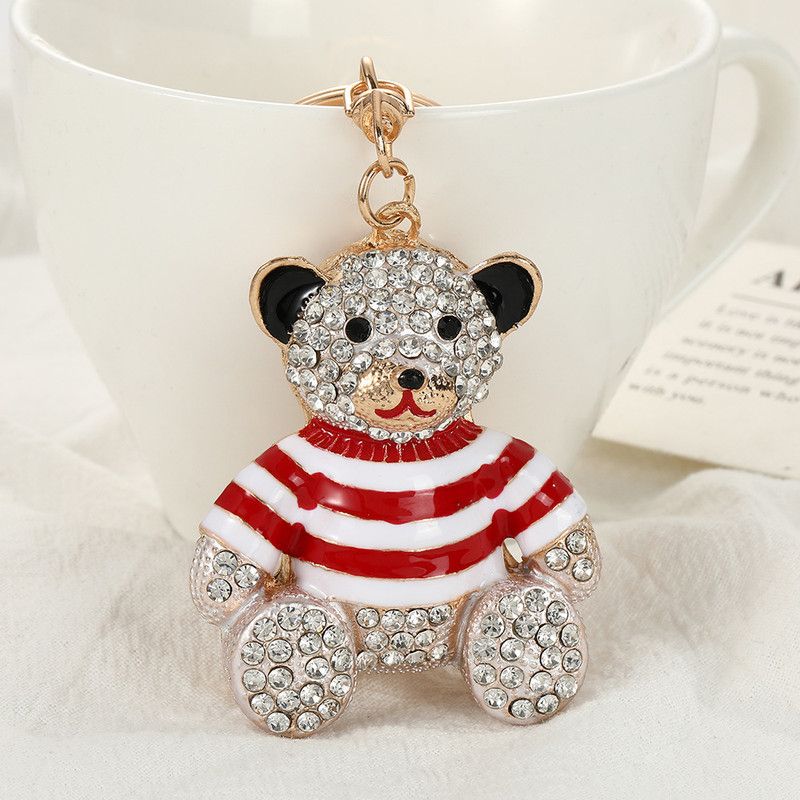 Red - Rhinestone Striped Bear Keychain, Cute Enamel Cartoon Bear Bag Charm Pendant, Alloy Bling Key Ring Accessories for Gifts & Bag Decoration - Image 1
