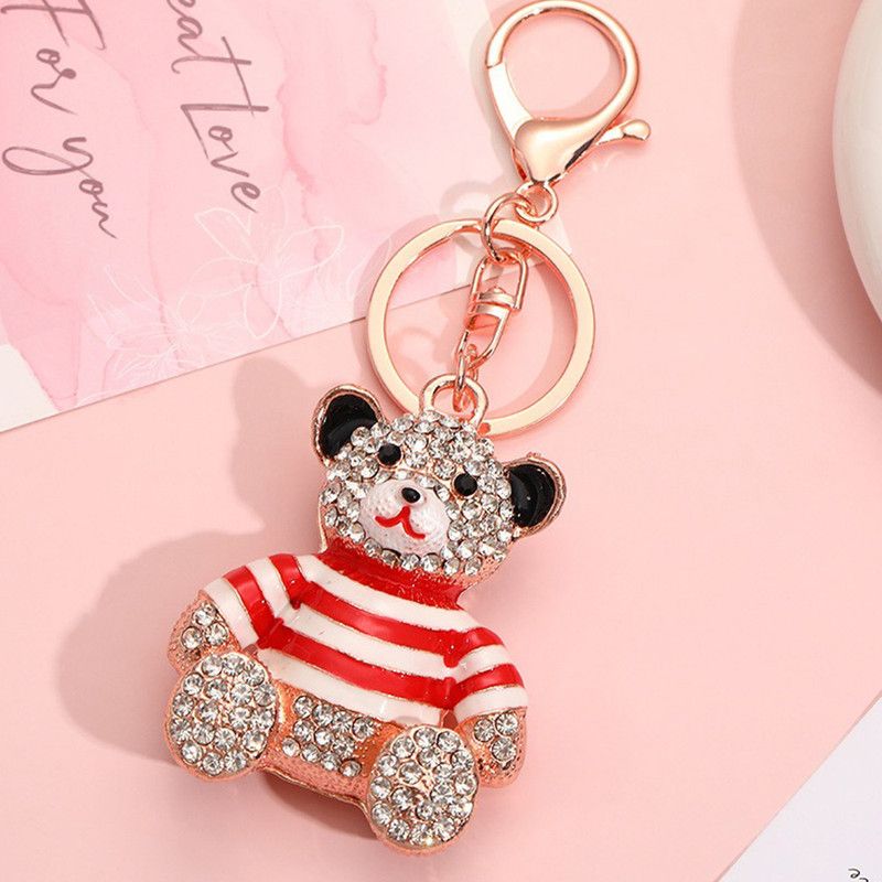 Red - Rhinestone Striped Bear Keychain, Cute Enamel Cartoon Bear Bag Charm Pendant, Alloy Bling Key Ring Accessories for Gifts & Bag Decoration - Image 2