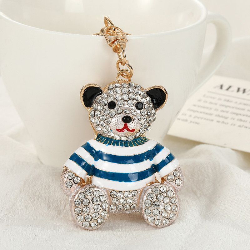 Blue - Rhinestone Striped Bear Keychain, Cute Enamel Cartoon Bear Bag Charm Pendant, Alloy Bling Key Ring Accessories for Gifts & Bag Decoration - Image 1