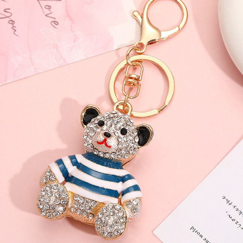 Blue - Rhinestone Striped Bear Keychain, Cute Enamel Cartoon Bear Bag Charm Pendant, Alloy Bling Key Ring Accessories for Gifts & Bag Decoration - Image 2