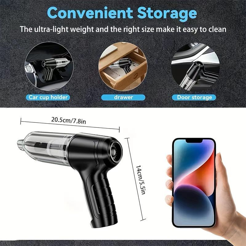 3-in-1 Cordless Handheld Vacuum Cleaner, Multifunction Car and Home Blower and Vacuum for Pet Hair, Window, and Keyboard Cleaning - Black - Image 2