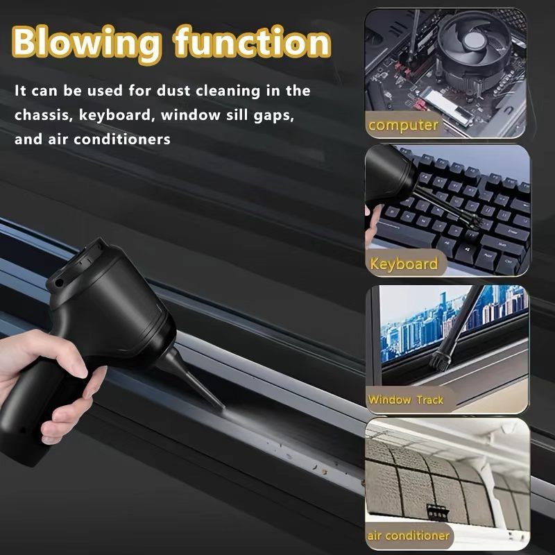 3-in-1 Cordless Handheld Vacuum Cleaner, Multifunction Car and Home Blower and Vacuum for Pet Hair, Window, and Keyboard Cleaning - Black - Image 4