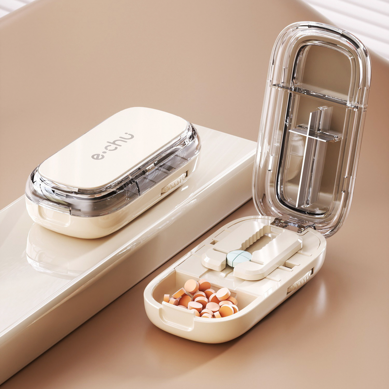 2-in-1 Pill Cutter with Storage Box, Adjustable Rotary Clip Pill Splitter for Halving and Quartering, Portable Travel Medicine Container for Various Tablet Sizes - White - Image 1