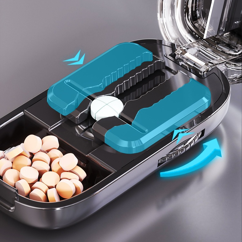 2-in-1 Pill Cutter with Storage Box, Adjustable Rotary Clip Pill Splitter for Halving and Quartering, Portable Travel Medicine Container for Various Tablet Sizes - White - Image 4