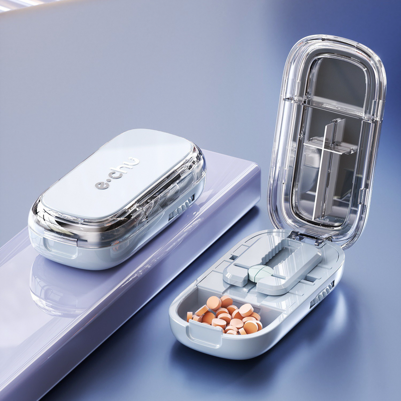 2-in-1 Pill Cutter with Storage Box, Adjustable Rotary Clip Pill Splitter for Halving and Quartering, Portable Travel Medicine Container for Various Tablet Sizes—Blue - Image 1