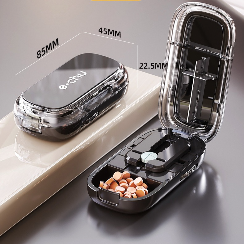 2-in-1 Pill Cutter with Storage Box, Adjustable Rotary Clip Pill Splitter for Halving and Quartering, Portable Travel Medicine Container for Various Tablet Sizes—Blue - Image 2